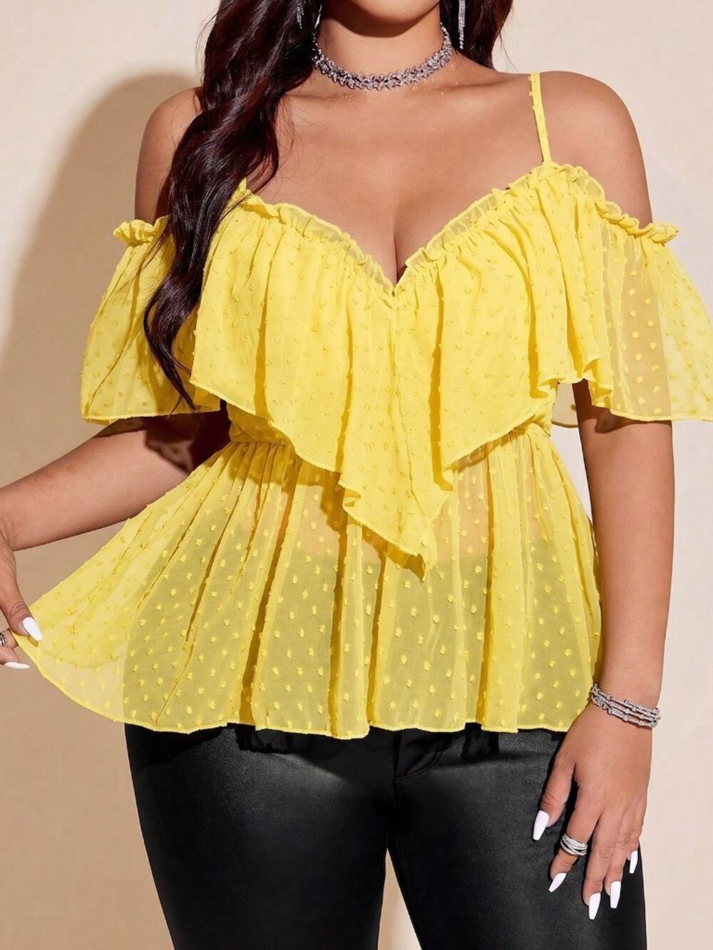 Light Yellow Casual Women's Plus Size Sexy Ruffle Trim Camisole Blouse - Picture 6 of 7